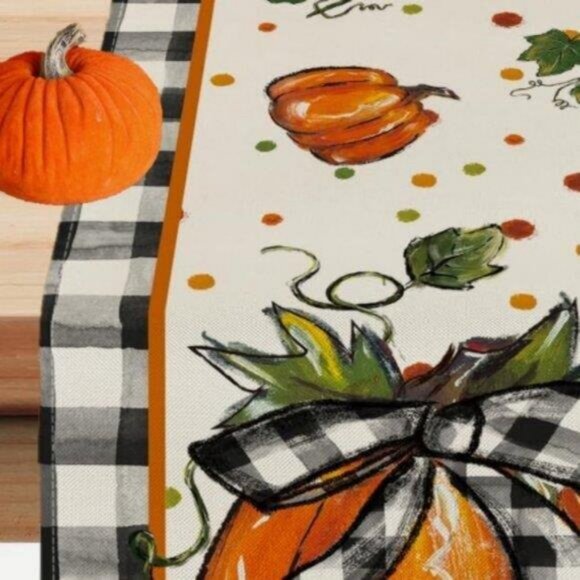 Pumpkin Table Runner Long Plaid Decorative Cloth Fall Thanksgiving Decor 13x108 - Picture 5 of 8